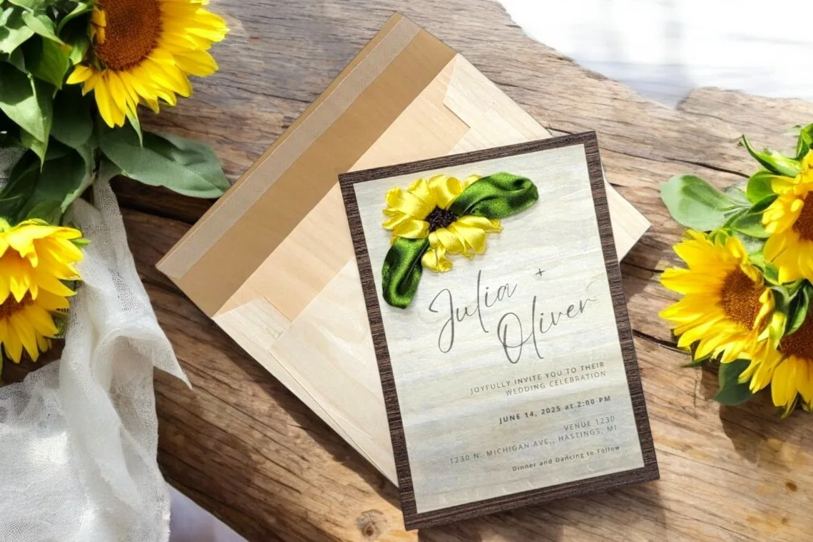 Wood Wedding Invitation with Embroidered Flower